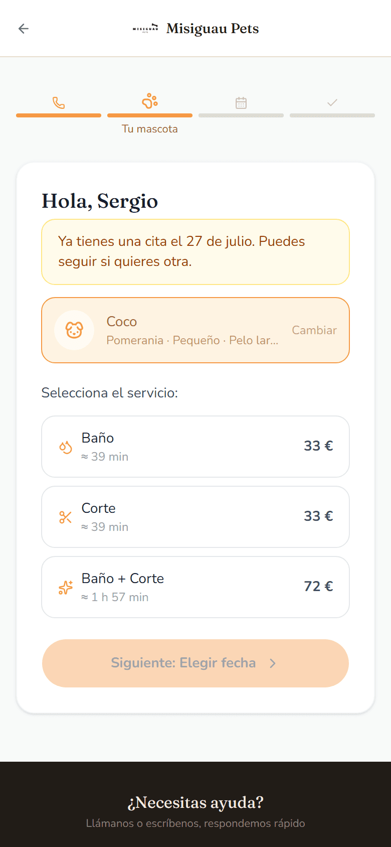 Pantalla de reserva online: el cliente elige el servicio para su mascota antes de escoger día y hora.